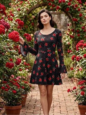 Derek Heart Black Long-Sleeve Dress with Red Rose Print